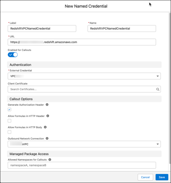 New Named Credentials screen showing entered connection name and label, URL, and external credentials and outbound network connection values selected.