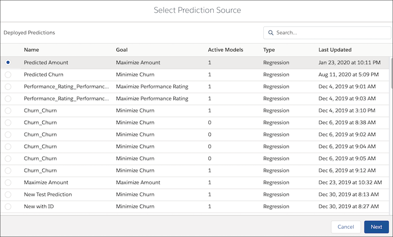 Select a deployed prediction for this Einstein Predict node