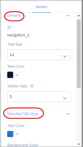 Establezca el estilo para todos los vínculos en las propiedades del widget "General", excepto para el estilo de la página seleccionada, que establece en la sección "Estilo de ficha seleccionado".