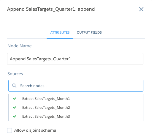Cuadro de diálogo de nodo de anexado en el editor de flujos de datos
