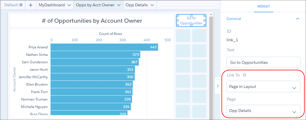 Establezca las propiedades del widget de vínculos Vincular con y Página para crear un vínculo a una página.