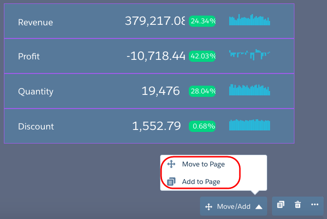 Al seleccionar un widget en un tablero con varias páginas, estarán disponibles los botones de acción Mover a Página y Agregar a página del widget.