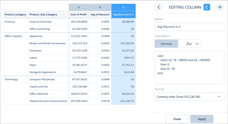 Editor SAQL de fórmulas en Tabla de comparación