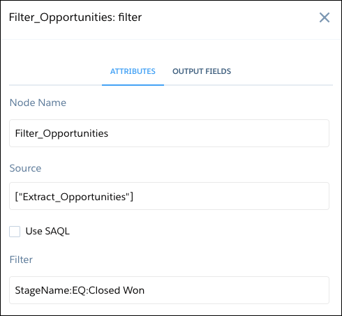 Cuadro de diálogo de nodo de filtro en el editor de flujos de datos