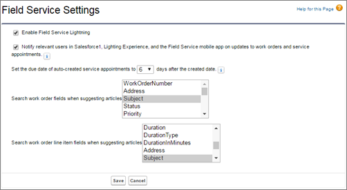 Configuración de Field Service mostrando Field Service activado