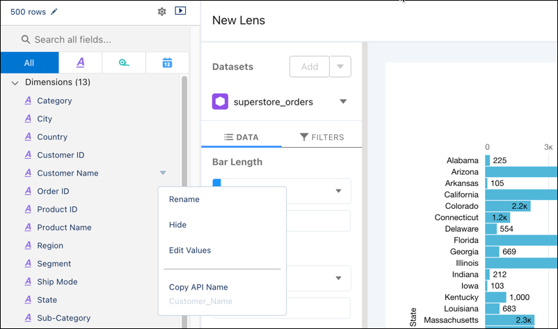Los campos de conjunto de datos de Analytics con menú de contexto de campo abierto