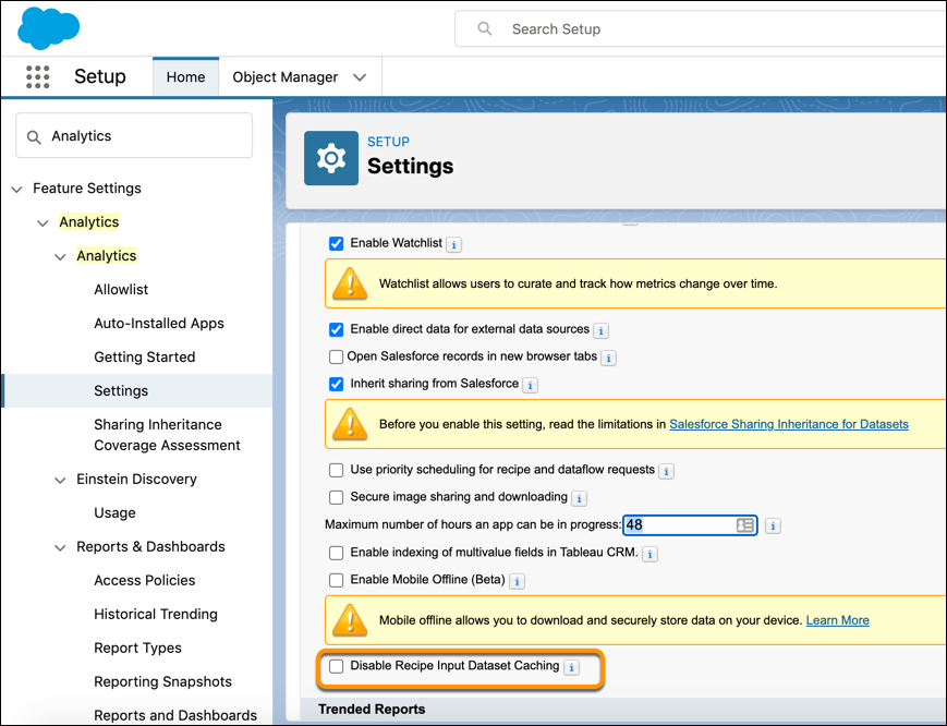 La opción Desactivar caché de conjunto de datos de entrada de receta aparece bajo Configuración de Analytics en Configuración.