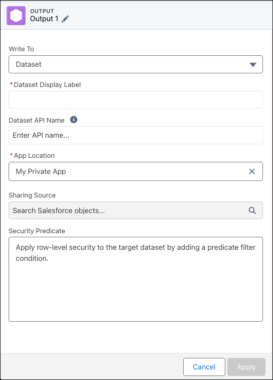 Tulos-välilehdessä näytetään vaihtoehdot, jotka voit määrittää, kun datajoukkoa kirjoitetaan.