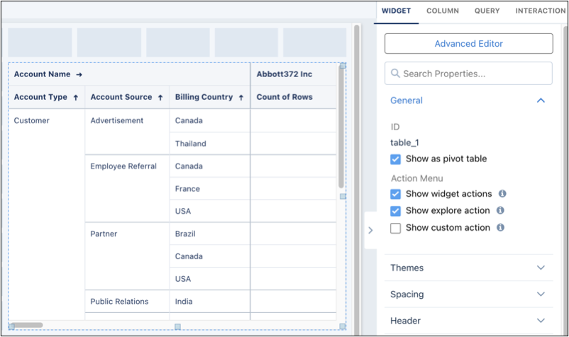 Tableau de bord avec un widget de tableau. Les propriétés du widget sont affichées dans le panneau à droite.