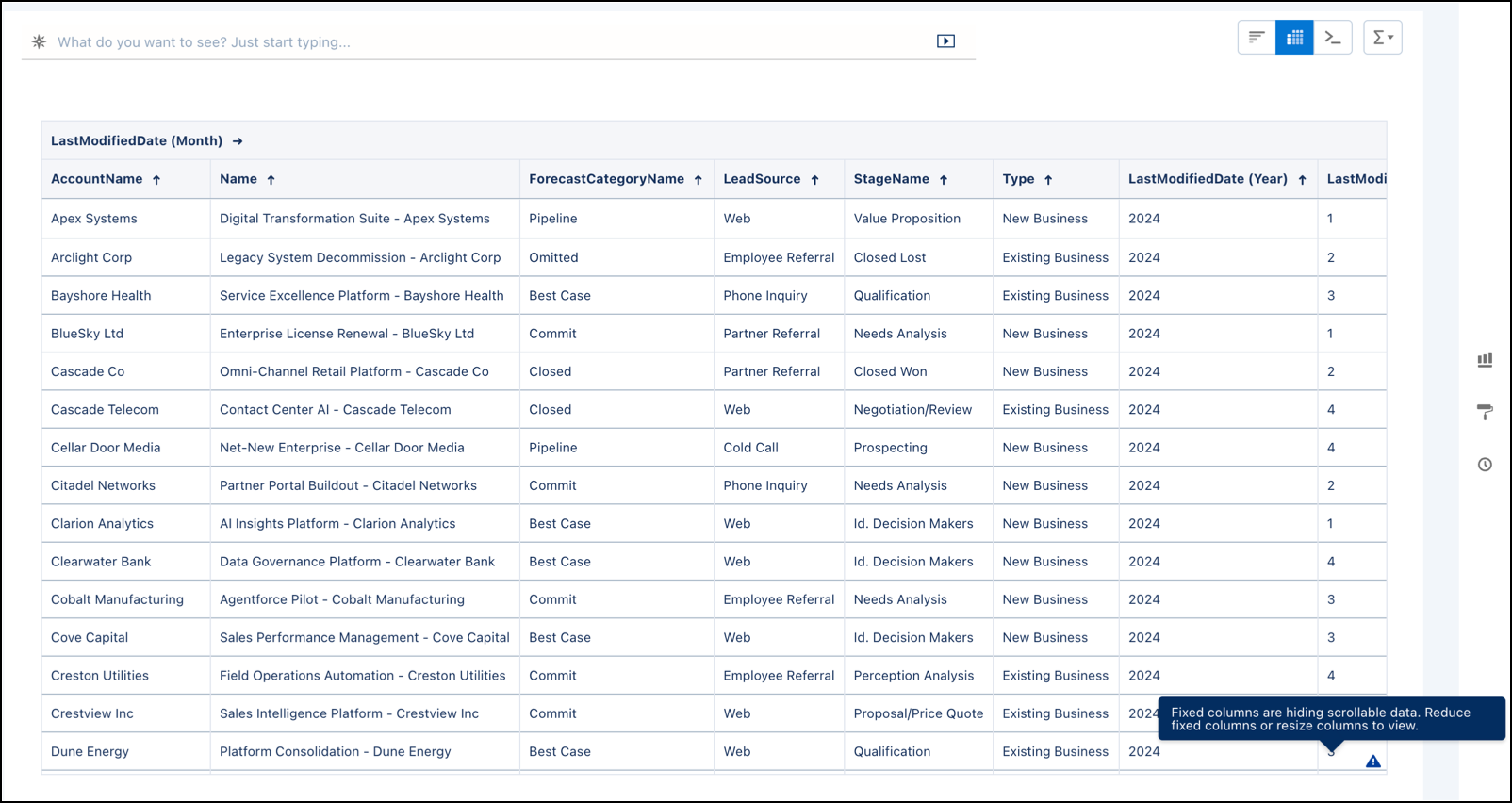 Avertissement de défilement des propriétés du tableau Analytics Explorer