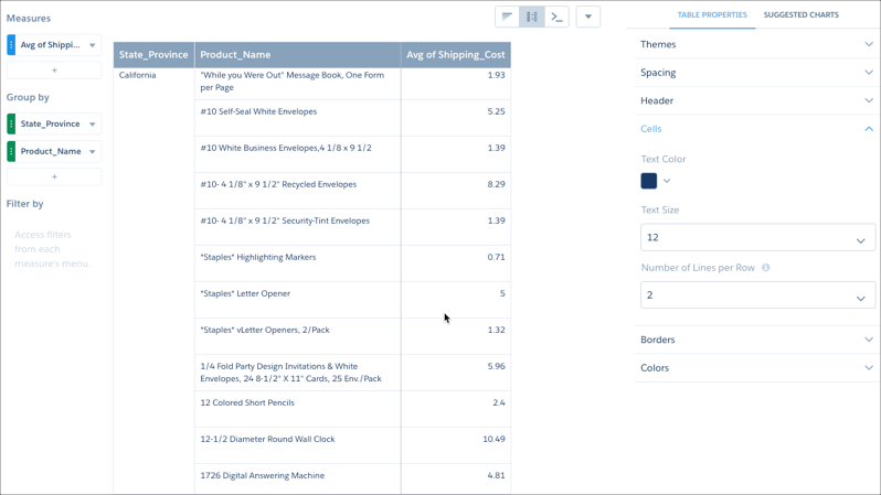 Panneau des cellules dans les propriétés de tableau de l'explorateur Analytics