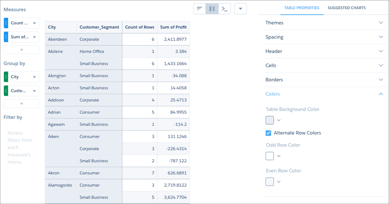 Panneau des couleurs dans les propriétés de tableau de l'explorateur Analytics