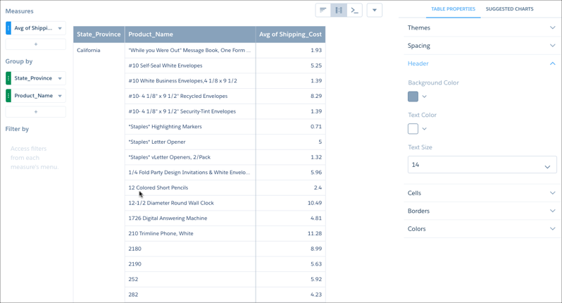 Panneau d'en-tête dans les propriétés de tableau de l'explorateur Analytics