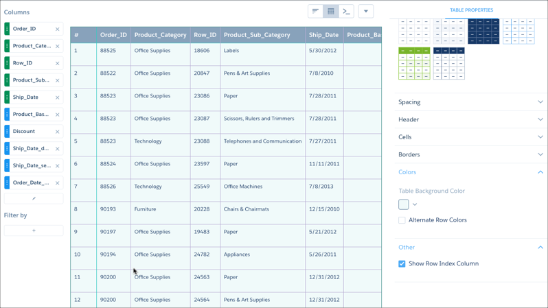 Panneau des autres propriétés de tableau de l'explorateur Analytics