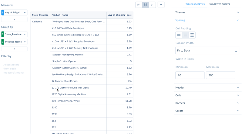 Panneau d'espacement dans les propriétés de tableau de l'explorateur Analytics