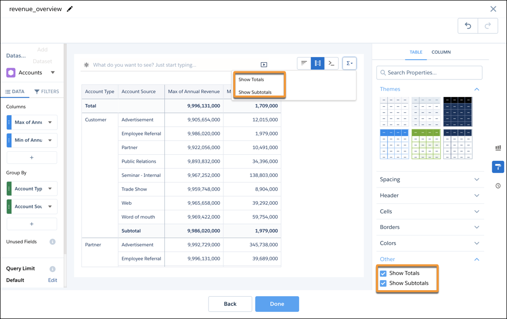 Panneau des thèmes dans les propriétés de tableau de l'explorateur Analytics