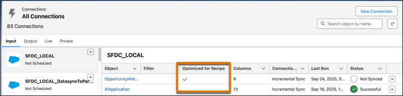 La liste des objets SFDC_LOCAL avec la colonne Optimisé pour la recette entourée.