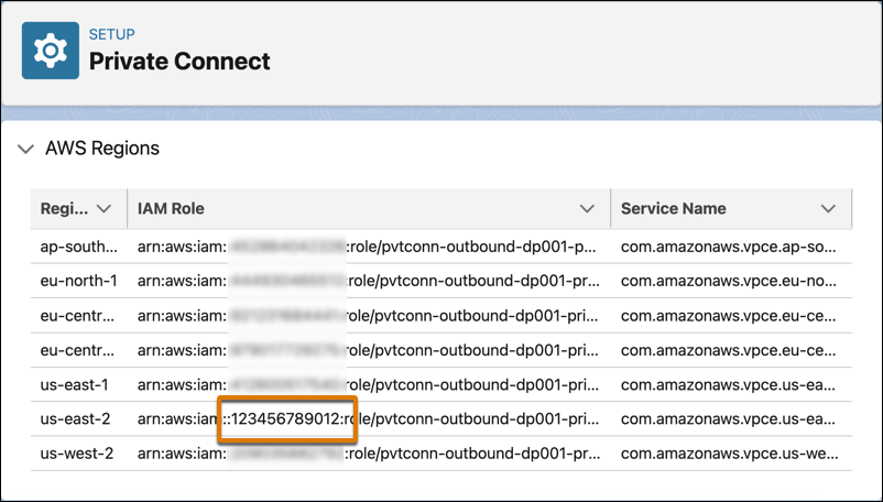 Écran montrant une liste de régions AWS avec un exemple de numéro de compte AWS entouré