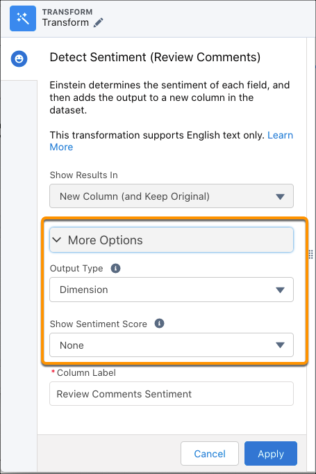 Panneau de configuration Détecter le sentiment, montrant la section Plus d'options.