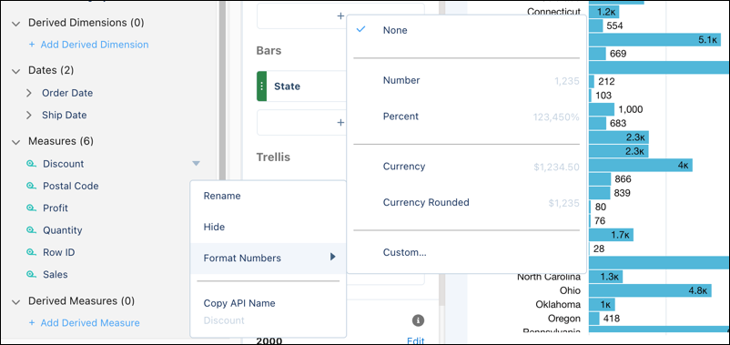 Campi della serie di dati di Analytics con menu del formato numerico aperto