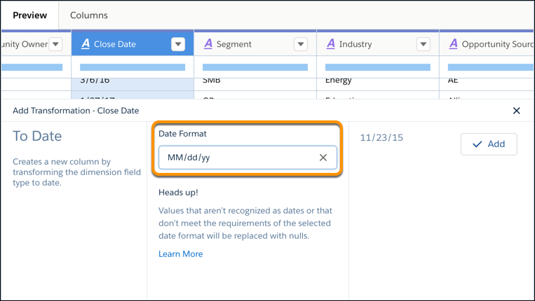 Il menu a discesa del campo Formato data mostra tutti i formati di data supportati.