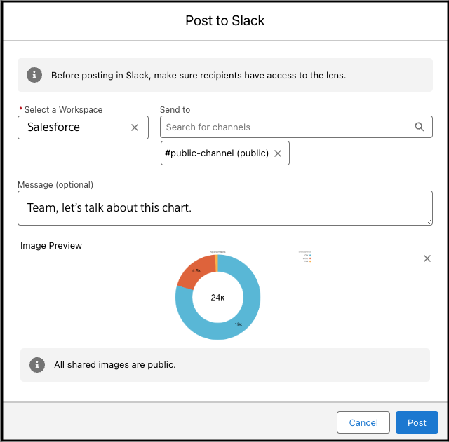 Finestra di dialogo Pubblica in Slack, in cui si seleziona l'area di lavoro, i canali e se pubblicare con un'istantanea