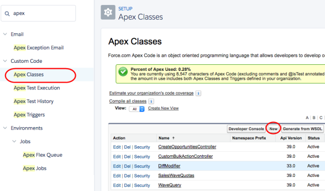È possibile creare nuove classi dalla pagina Classi Apex.