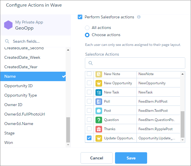 使用可能なアクションのリストに [Update Opportunity (商談の更新)] アクションが表示されます。
