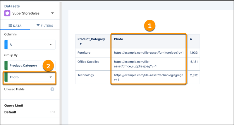 SAQL 문 적용 결과를 보여주는 2개의 번호가 지정된 콜아웃이 있는 비교 테이블 보기