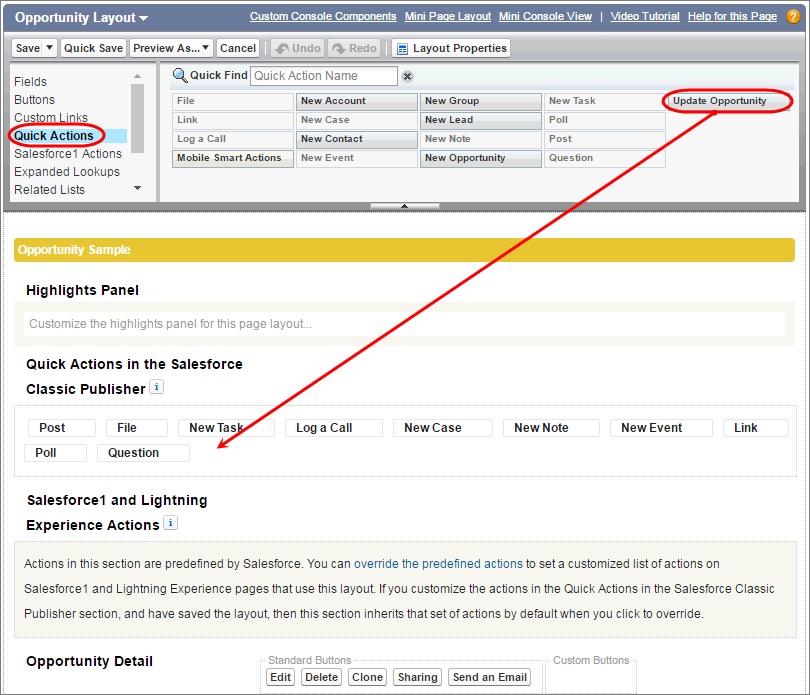 Dra handlingen Oppdater salgsmulighet til Salesforce Classic-delen.