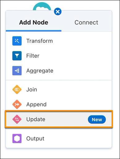 Legg til node-vinduet viser alle mulige noder som du kan legge til, inkludert Oppdater-noden.