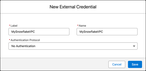 Scherm Nieuwe externe inloggegevens met de ingevoerde verbindingsnaam en het label, en de optie Geen authenticatie geselecteerd.