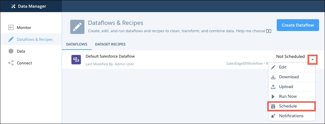 Guia Fluxos de dados e receitas com o menu de um fluxo de dados aberto e a opção Agendar destacada