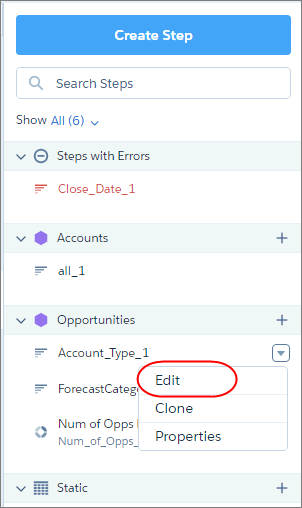 Botão Editar no menu de ações da etapa do painel de etapas.