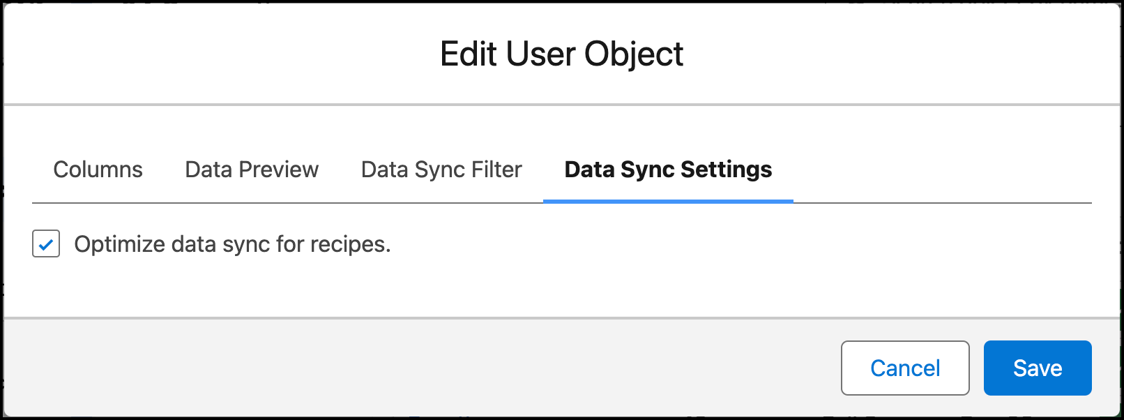 O diálogo Editar objeto na guia Configurações de sincronização de dados com otimizar a sincronização de dados para receitas selecionadas.
