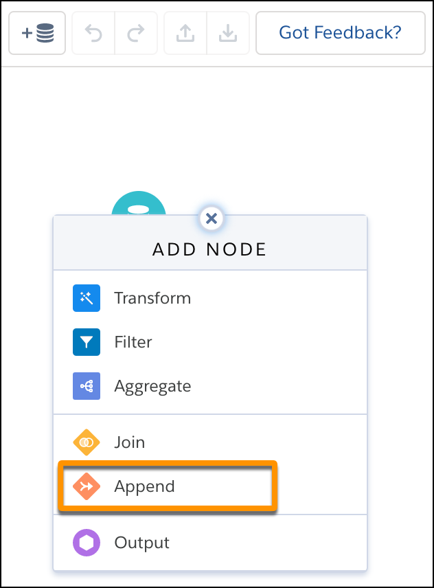 O modal Adicionar nó mostra todos os nós que você pode adicionar, incluindo o nó Acrescentar.
