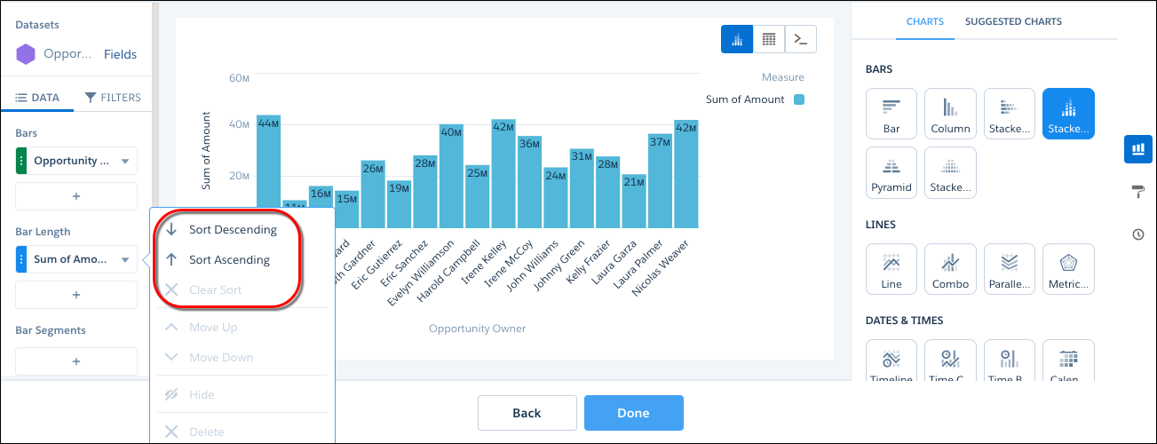 Параметры сортировки ярусной вертикальной диаграммы в приложении Analytics.