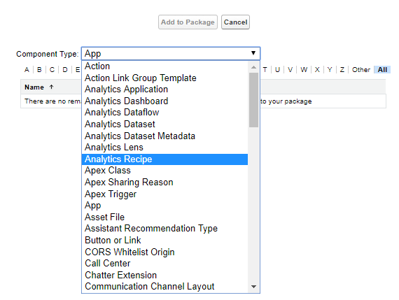 Rullgardinslista som visar CRM Analytics-komponenter
