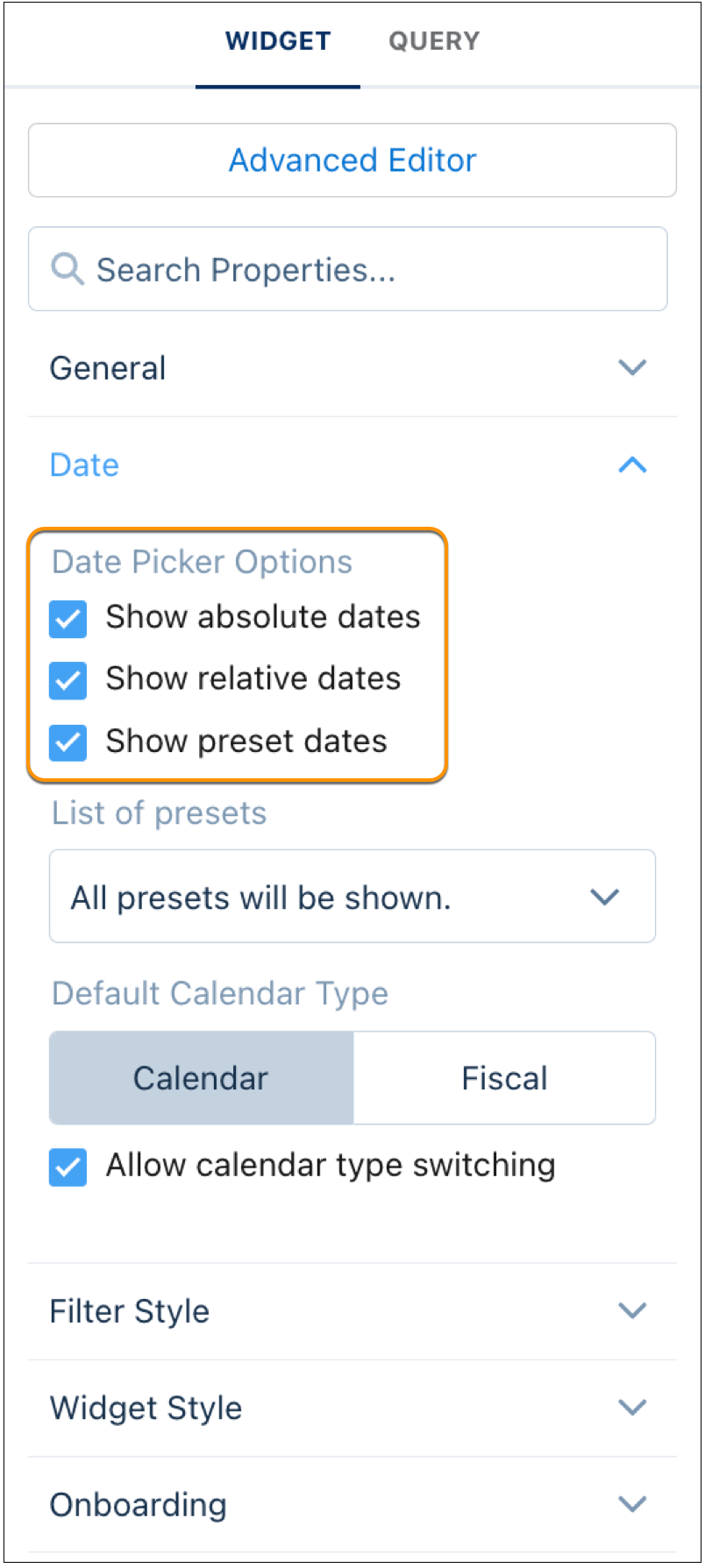 Du kan specificera vilka typer av datum som ska visas i en datumwidget: absoluta, relativa och förinställda.