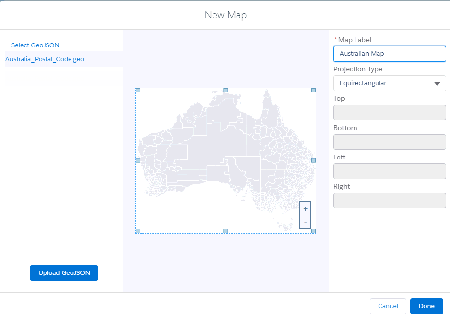 选择新地图的 geoJSON 文件、边界、标签和投影类型。