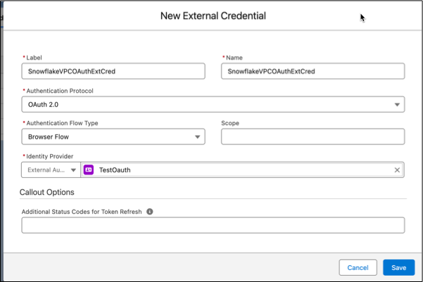 新的外部凭据屏幕，显示输入的连接名称和标签，以及选择的 OAuth 2.0 选项。