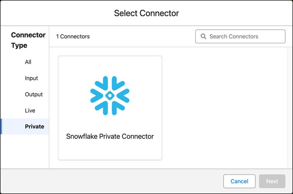 顯示 Snowflake 私人連接器的「選取連接器」畫面。
