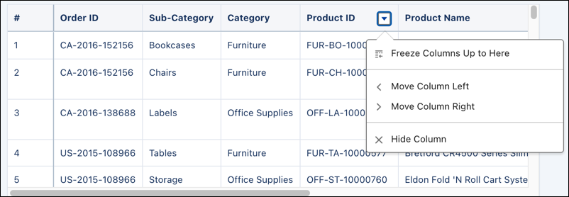 Column action menu to move, hide or freeze columns.