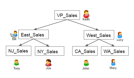 The role hierarchy consists of Keith as the VP of Sales, Bill and Lucy own the East and West territories, respectively, and then there are sales reps below Bill and Lucy.