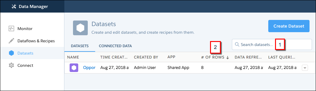 Lista de conjuntos de datos en gestor de datos