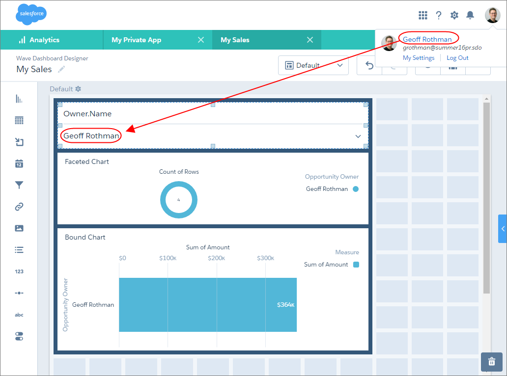 El widget de lista selecciona el usuario con la sesión iniciada actualmente en CRM Analytics.