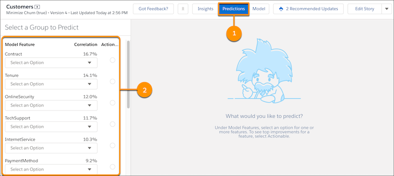 Vista Predicciones tras hacer clic en Predicciones en la barra de herramientas de Modelo