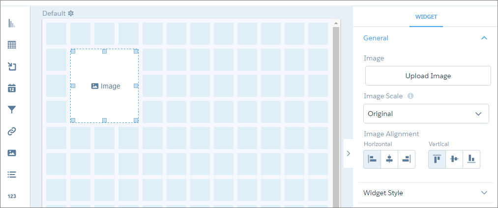 Tableau de bord avec un widget d'image. Les propriétés du widget sont affichées dans le panneau à droite.