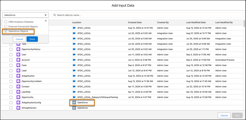 Velge et Salesforce-direktedataobjekt for inndatanoden.