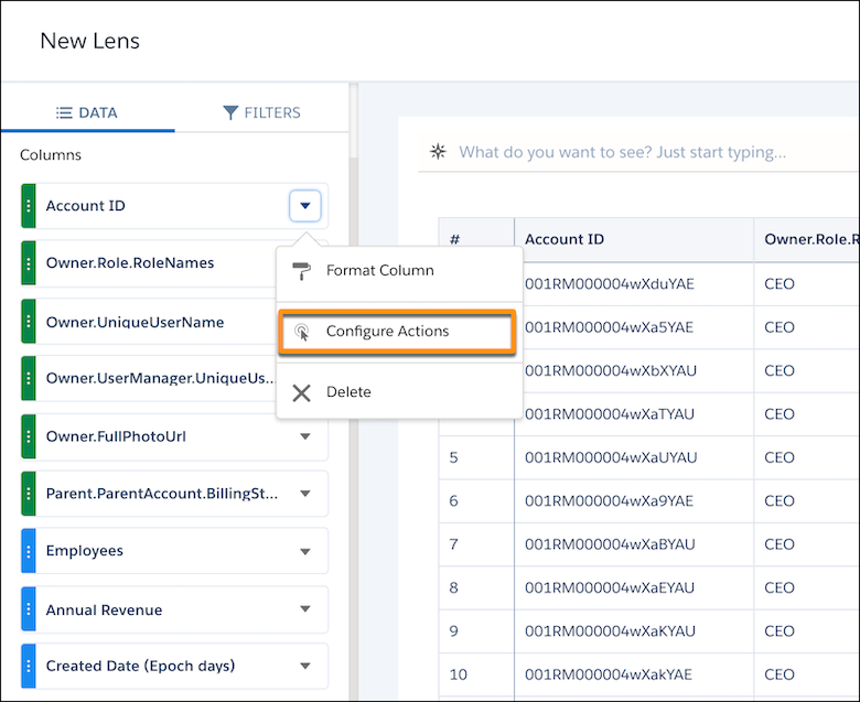 Menu Acties configureren voor dimensiekolom